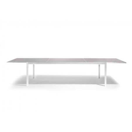 Extendible outdoor dining table Luna by Manutti - White frame whitout led-lighting, taupe acid etched glass top