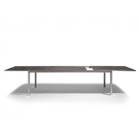 Extendible outdoor dining table Luna by Manutti - Anodised aluminium and led-lighting option, black acid etched glass top