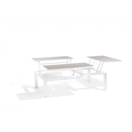 Table basse triple plateaux pour l'extérieur Trento Tip-Up de Manutti - Cadre blanc, verre dépoli sable